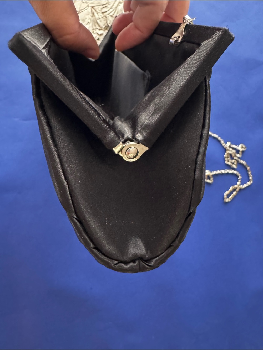 Black Satin Pleated Evening Clutch with Silver Chain - Picture 3 of 6